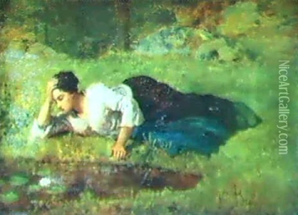 Jeune Femme Aux Nenuphars Oil Painting - Jules Breton