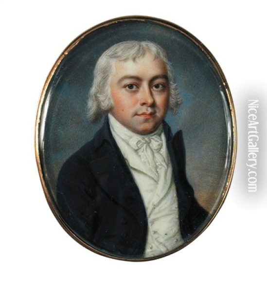 Portrait Of A Young Gentleman In A Black Jacket, White Stock And Waistcoat Oil Painting - James Scouler