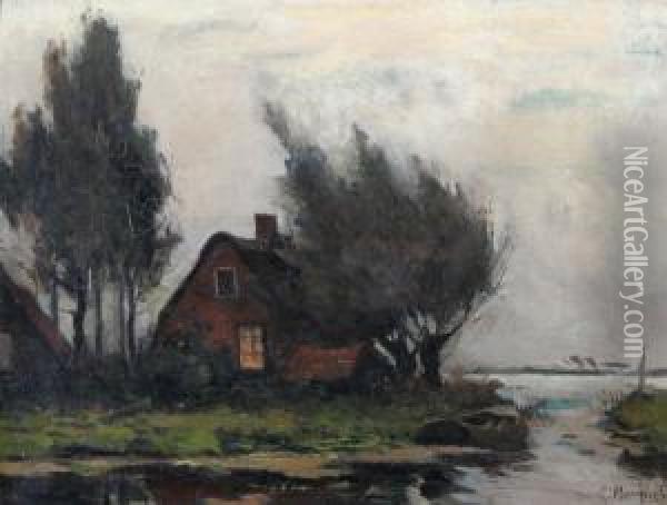 Landskap Med Hus Vid Vatten Oil Painting - Gerardus Johannes Roermeester