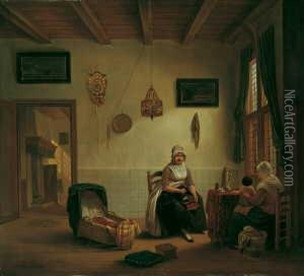 Burgerliches Interieur Mit Zwei Frauen Und Einem Kleinen Kind. Oil Painting - Hendrik van der Burgh