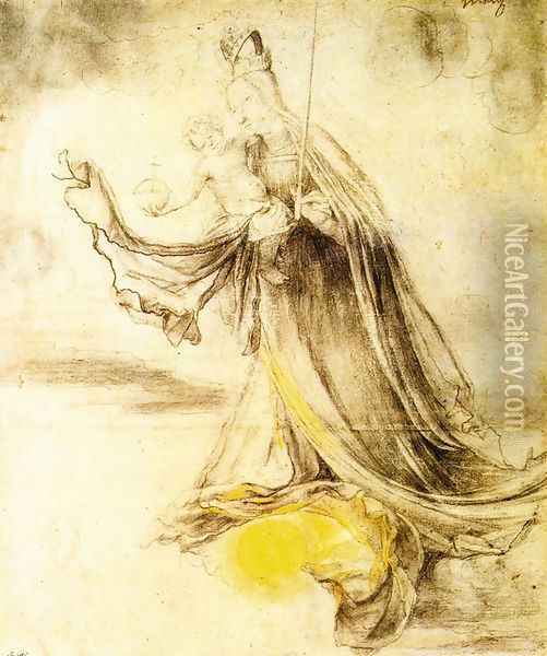 Mary with the Sun below her Feet c. 1520 Oil Painting - Matthias Grunewald (Mathis Gothardt)