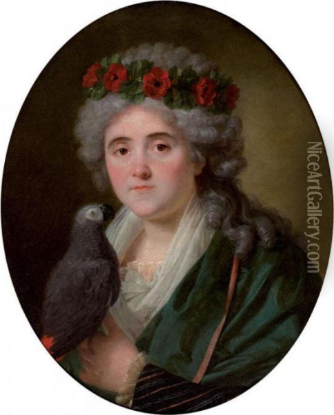 Portrait De Femme Au Perroquet Et A La Couronne De Coquelicot Oil Painting - Antoine Vestier