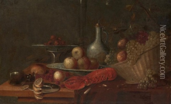 Nature Morte Au Homard, Panier De Fruits Et Verre Oil Painting - Andries Benedetti