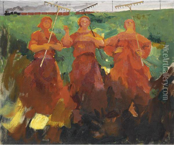 Three Peasants With Rakes Oil Painting - Philippe Andreevitch Maliavine