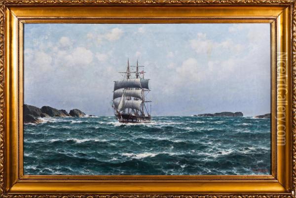 Ship By Cliff Coast Oil Painting - Lars Laurits Larsen Haaland