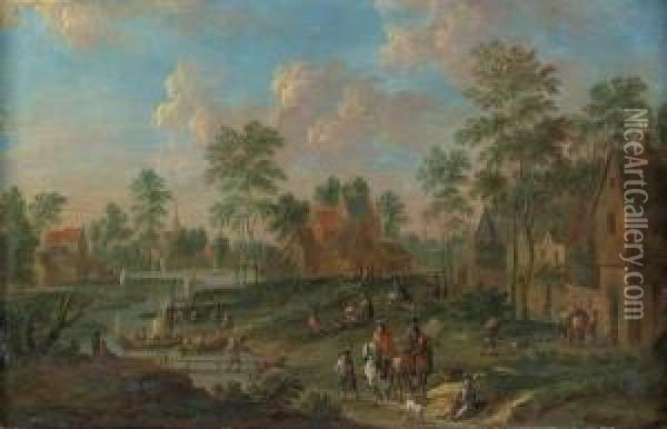River Landscapes With Travellers In Villages Oil Painting - Arnold Frans Rubens