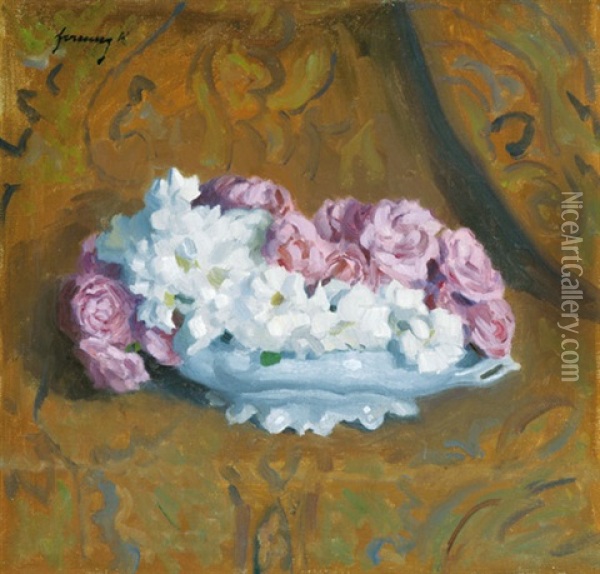 Purple And White Roses On A Plate Oil Painting - Karoly Ferenczy
