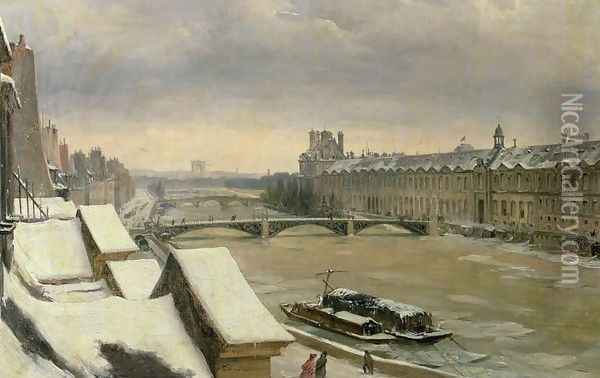 View of the Louvre in Winter Oil Painting - Hyppolyte Victor Valentin Sebron