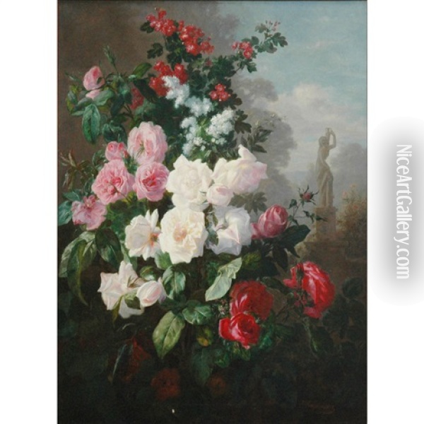 Still Life Of Roses And Blossoms In A Garden Oil Painting - Alexis Kreyder