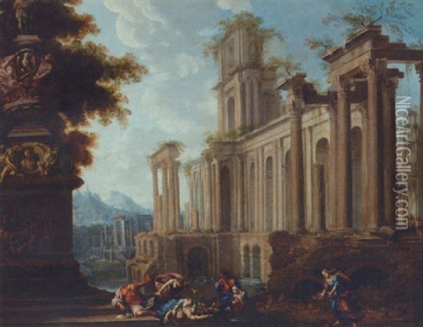 A Capriccio Of Roman Ruins, With Death Of Adonis(?) Oil Painting - Pierre Antoine Patel