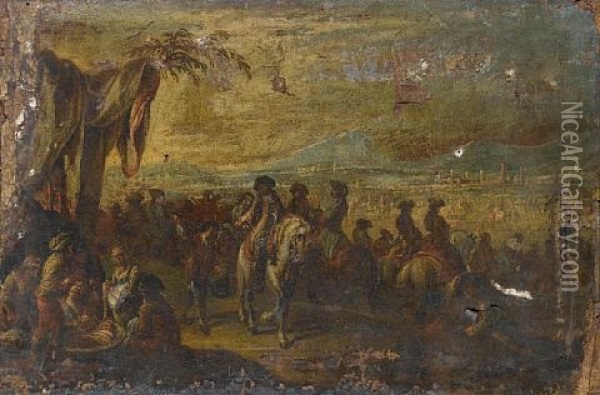 Soldiers On Horseback Passing Through A Military Encampment Oil Painting - Francesco Simonini