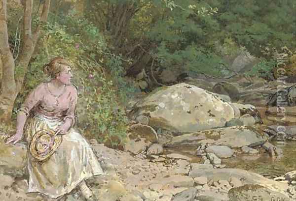 Lost in thought by a rockpool Oil Painting - George Goodwin Jnr Kilburne