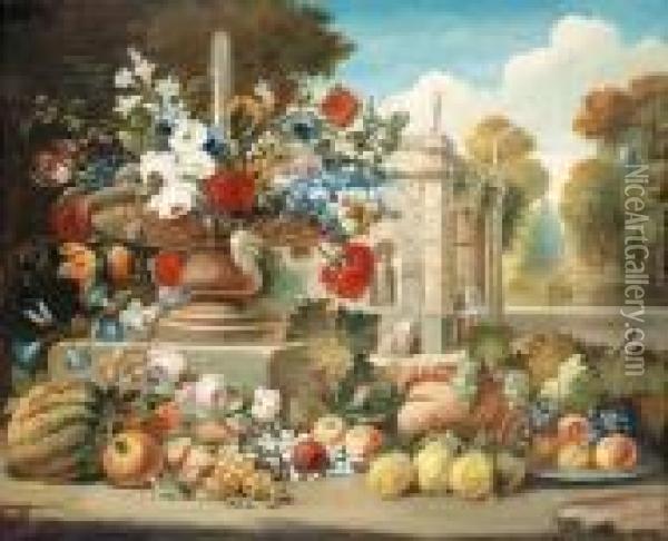 Fruit And Flowers In An Ornamental Garden Oil Painting - Michele Antonio Rapous