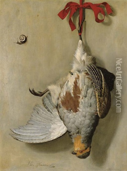 A Trompe L'oeil With A Partridge Hanging From A Red Ribbon, A Fly And A Snail On The Wall Behind Oil Painting - Hendrik de Fromantiou