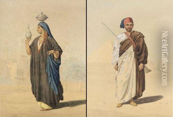 Guerrier Egyptien / Egyptienne A L'urne Oil Painting - Louis-Emile Pinel De Grandchamp