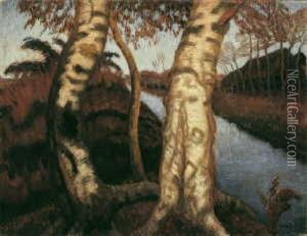 Birken Am Moorkanal. Um 1915. Ruckseitig: Dorfstrase In Fischerhude Oil Painting - Otto Modersohn