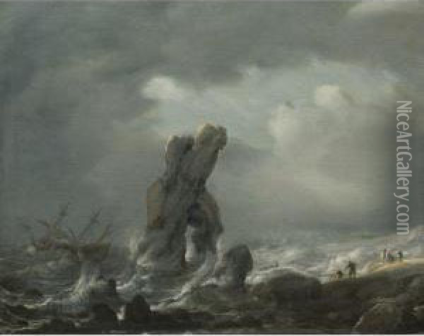 Ships In Distress Off A Rocky Coast Oil Painting - Julius Porcellis