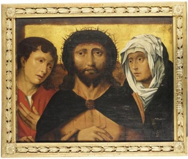 Christ Crowned With Thorns, With Mary And St. John The Evangelist / Christus Mit Dornen Gekront, Mit Maria Und Johannes Oil Painting - Frans Mostaert