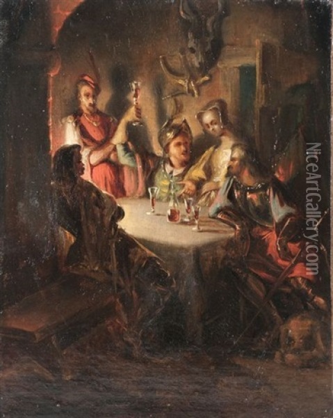 Chevaliers Dans Une Auberge Oil Painting - Eugene Deveria