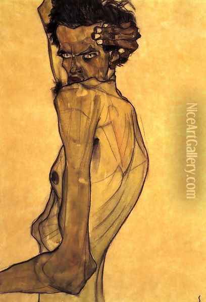 Self Portrait With Arm Twisting Above Head Oil Painting - Egon Schiele
