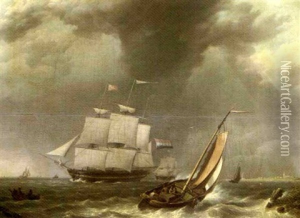 A Frigate Under Sail By A Coast Oil Painting - Johannes Hermanus Koekkoek