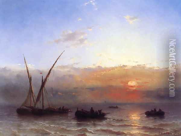 Fishing Boats at Sunset Oil Painting - Edward Moran