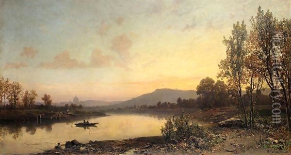 Fishing At Sunset, Rome In The Distance Oil Painting - Hermann David Solomon Corrodi