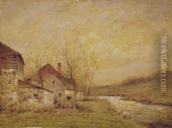 Farmhouse By A Stream Oil Painting - George Matthew Bruestle