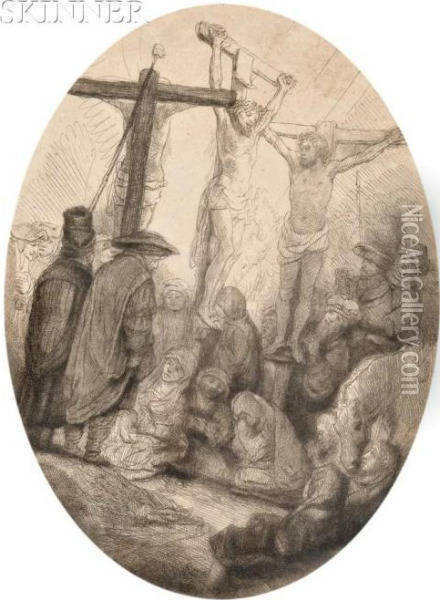 Christ Crucified Between The Two Thieves: An Ovalplate Oil Painting - Rembrandt Van Rijn
