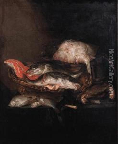 A Ray On A Barrel, A 
Salmon-steak, A Pike-perch And A Coalfish In Abasket With Flounders, A 
Knife And A Crab On A Draped Table Oil Painting - Abraham Hendrickz Van Beyeren