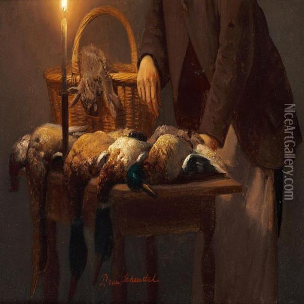 Game Birds On A Table Lit-up By A Candle Oil Painting - Petrus van Schendel
