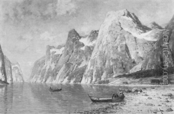 Norwegische Fjordlandschaft Im Sommer Oil Painting - Johann Jungblut