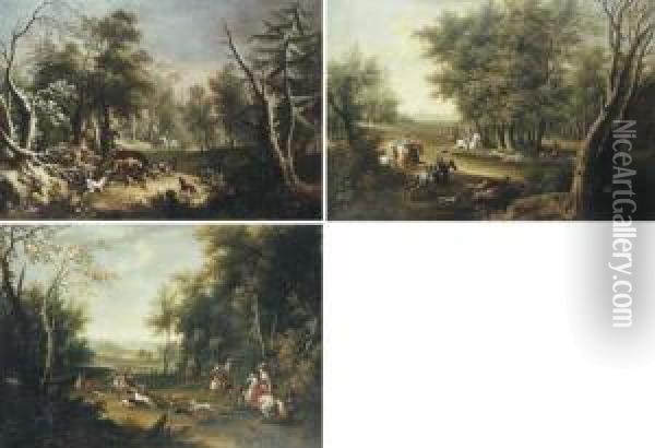 A Boar Hunt In Winter; A Stag Hunt; And A Stag Hunt: The Kill Oil Painting - Joseph Stephan