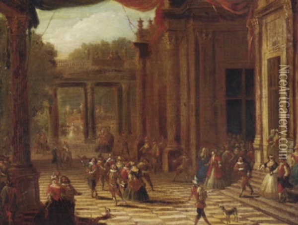 A Capriccio Of A Classical Palace Exterior With Elegant Company At A Masked Ball Oil Painting - Joseph Frans Nollekens