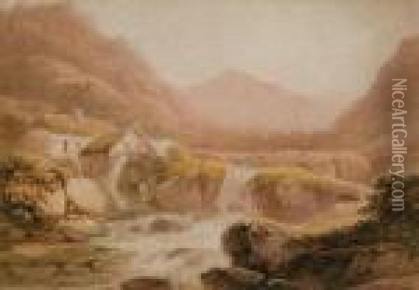 A Rocky River Landscape With Watermill Oil Painting - John Glover