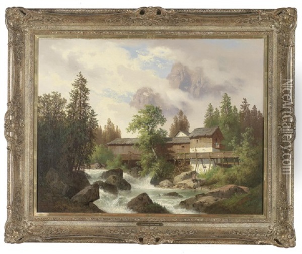 Landschaft Mit Wildbach Und Sagemuhle, Figural Staffiert, Im Hintergrund Ein Felsmassiv Oil Painting - Carl Hasch