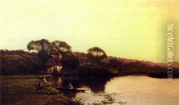 River Landscape With Figures Oil Painting - Henry John Boddington