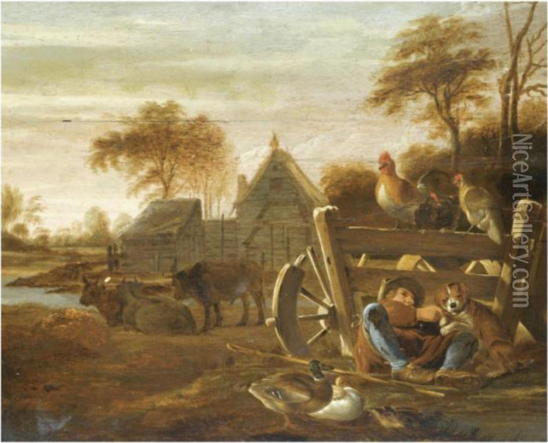 A Farmyard Scene With A Peasant Resting With A Dog In The Foreground Oil Painting - Dirck Wyntrack