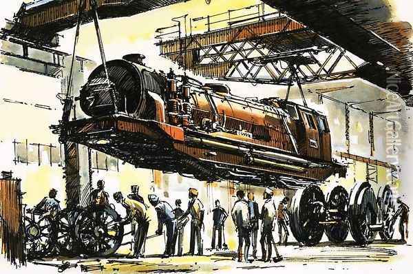 A Beyer-Garratt boiler section lifted clear of the two end units during an overhaul Oil Painting - John S. Smith
