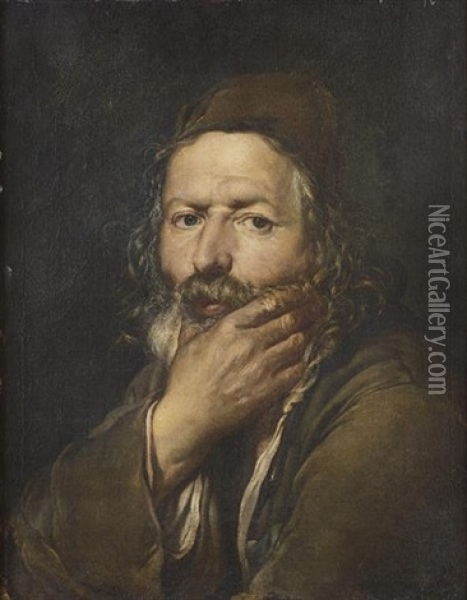 An Elderly Bearded Peasant Man Resting His Chin In His Hand Oil Painting - Giacomo Ceruti