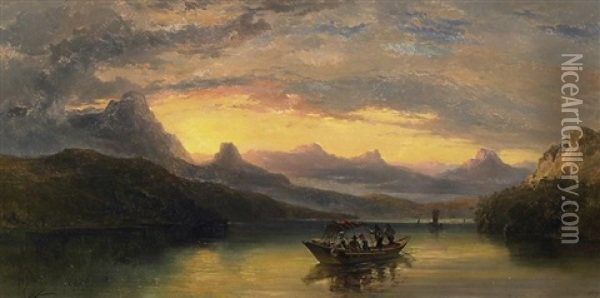 Die Uberfahrt. Landvolk Im Ruderboot, Einen Gebirgssee Uberquerend Oil Painting - George Edwards Hering