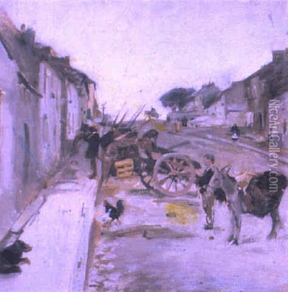 A Boy With A Donkey And Carts In A Village Street Oil Painting - Alexander Roche