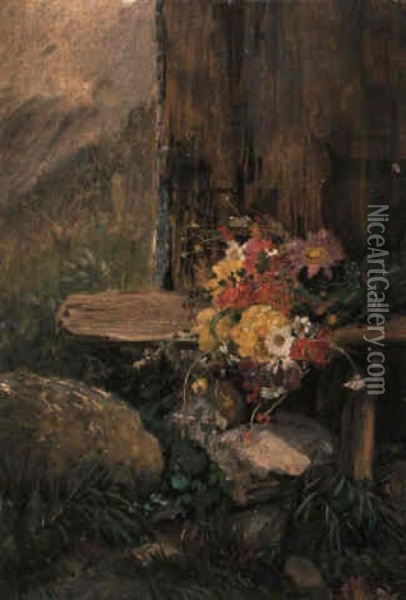 Bunter Blumenstraus Auf Einer Bank Oil Painting - Anna Peters