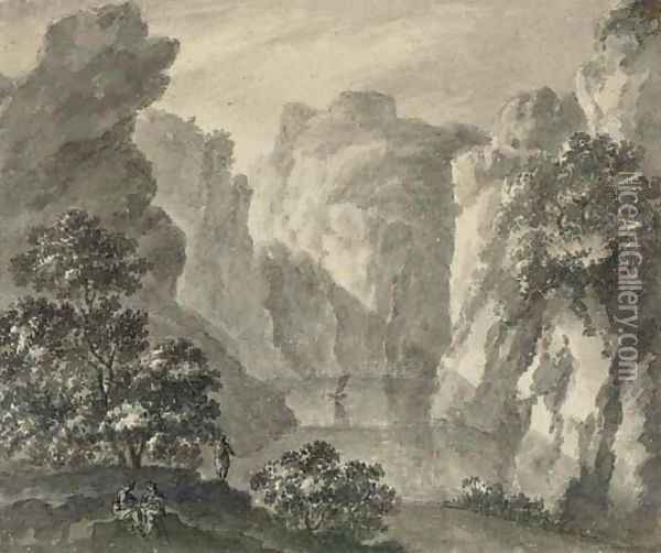 A gorge with a boat and figures in the foreground Oil Painting - Robert Adam