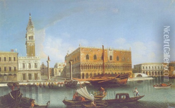 Blick Vom Markusbecken Auf Die Piazzetta, Biblioteca, Markuskirche Und Dogenpalast Oil Painting - Francesco Albotti