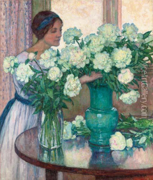 Les Pivoines Blanches Oil Painting - Theo van Rysselberghe