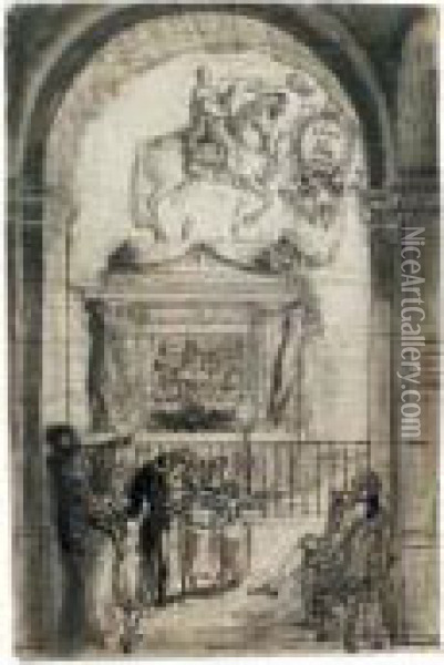 La Statue De Louis Xv, Vue Dans L'encadrement D'une Arcade Du Garde-meubles Oil Painting - Gabriel De Saint Aubin