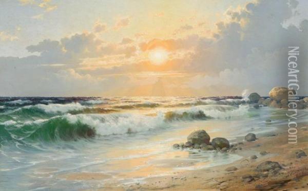 Surf In The Glow Of The Sunset Oil Painting - Johannes Hardes