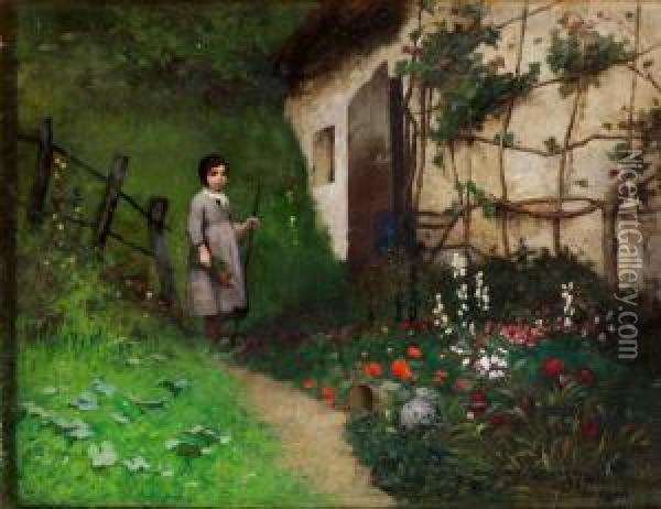 Flicka I Fransk Tradgard Oil Painting - Georg Pauli