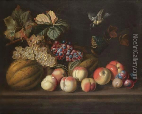 A Still Life With A Melons, Grapes, Peaches, Apples And A Bluetit Oil Painting - Jakob Bogdany